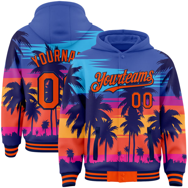 Custom Royal Orange-Navy Tropical Hawaii Palm Trees 3D Bomber Full-Snap Varsity Letterman Hoodie Jacket