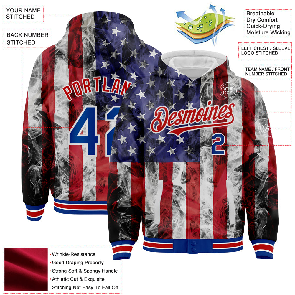 Custom White Royal-Red American Flag Fashion 3D Bomber Full-Snap Varsity Letterman Hoodie Jacket