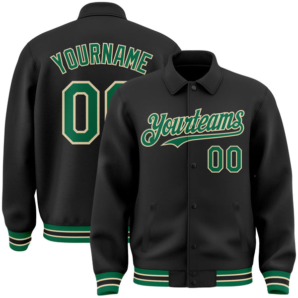 Custom Black Kelly Green-Cream Bomber Full-Snap Varsity Letterman Lapel Collar Byron Jacket