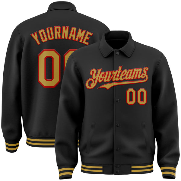 Custom Black Old Gold-Red Bomber Full-Snap Varsity Letterman Lapel Collar Byron Jacket