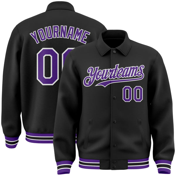 Custom Black Purple-White Bomber Full-Snap Varsity Letterman Lapel Collar Byron Jacket