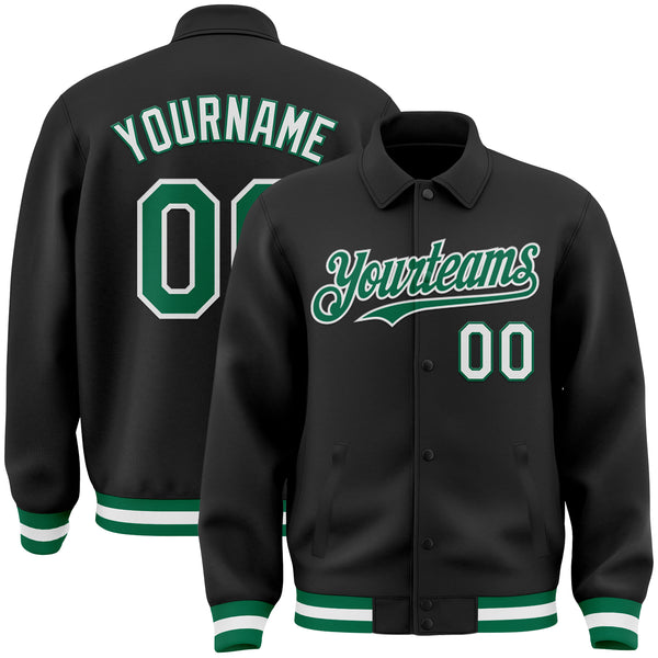 Custom Black Kelly Green-White Bomber Full-Snap Varsity Letterman Lapel Collar Byron Jacket