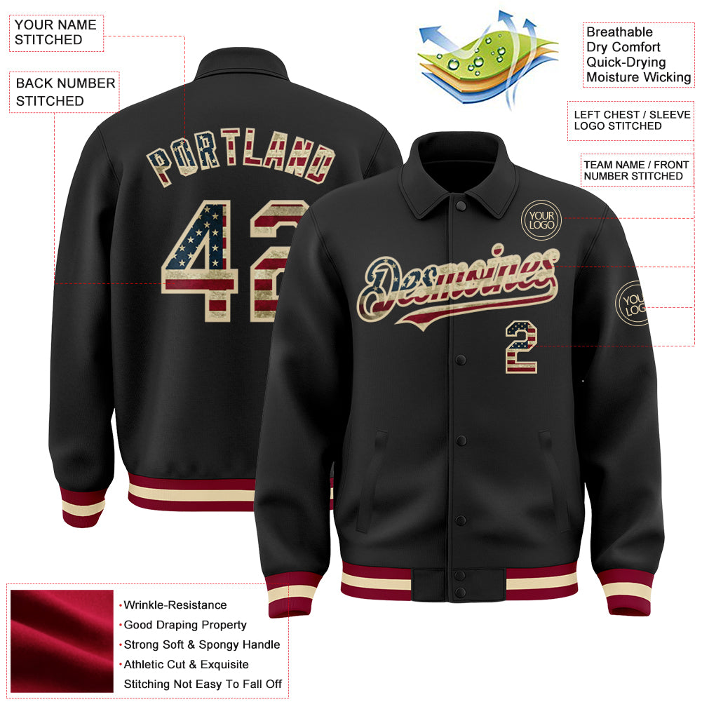 Custom Black Vintage USA Flag Cream-Maroon Bomber Full-Snap Varsity Letterman Lapel Collar Byron Jacket