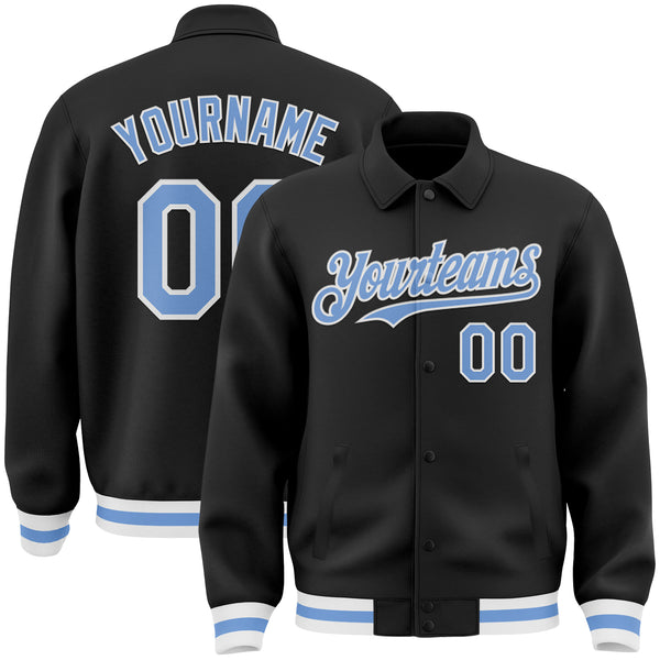 Custom Black Light Blue-White Bomber Full-Snap Varsity Letterman Lapel Collar Byron Jacket