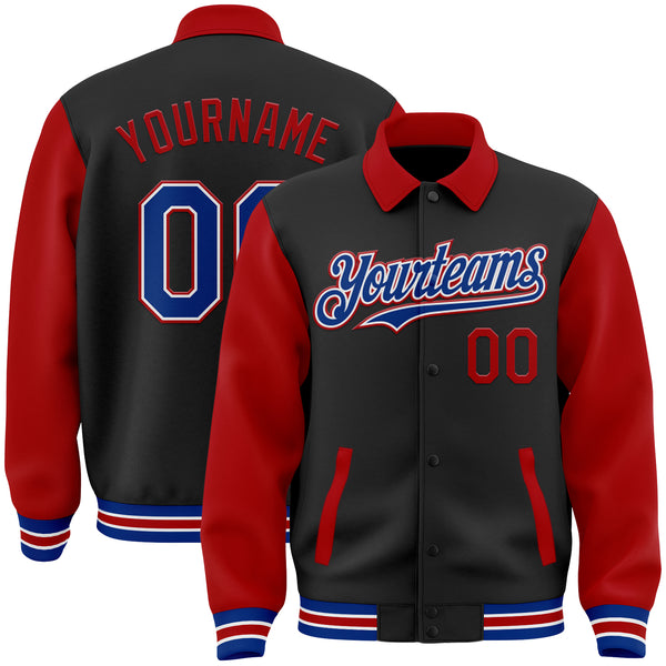 Custom Black Royal-Red Bomber Full-Snap Varsity Letterman Two Tone Lapel Collar Byron Jacket