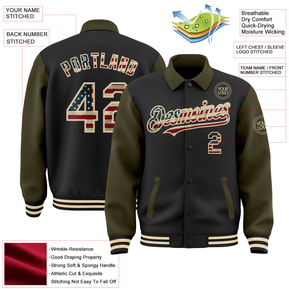 Custom Black Vintage USA Flag Olive-Cream Bomber Full-Snap Varsity Letterman Two Tone Lapel Collar Byron Jacket