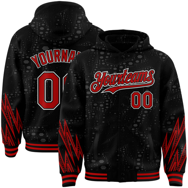 Custom Black Red-White Geometric Shape 3D Pattern Design Bomber Full-Snap Varsity Letterman Hoodie Jacket