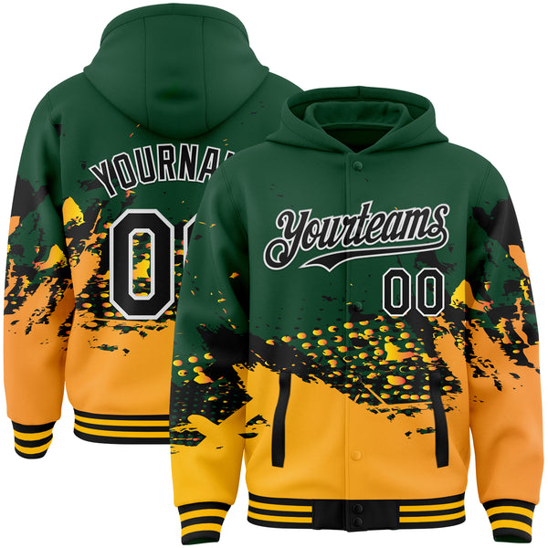 Custom Green Black-Gold Abstract Splash Grunge Art 3D Pattern Design Bomber Full-Snap Varsity Letterman Hoodie Jacket