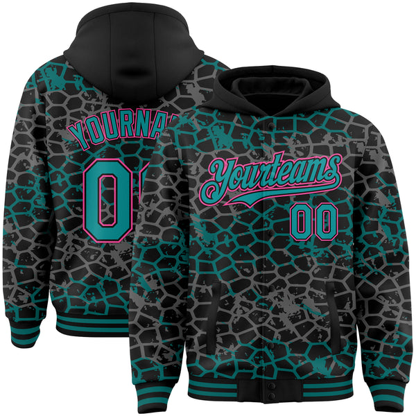 Custom Black Teal-Pink Abstract Network 3D Pattern Design Bomber Full-Snap Varsity Letterman Hoodie Jacket