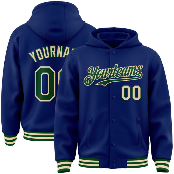 Custom Royal Green-Cream Bomber Full-Snap Varsity Letterman Hoodie Jacket