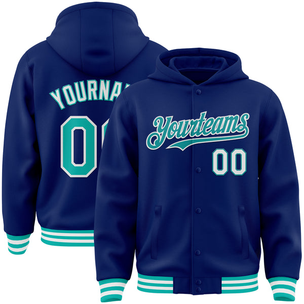 Custom Royal Aqua-White Bomber Full-Snap Varsity Letterman Hoodie Jacket