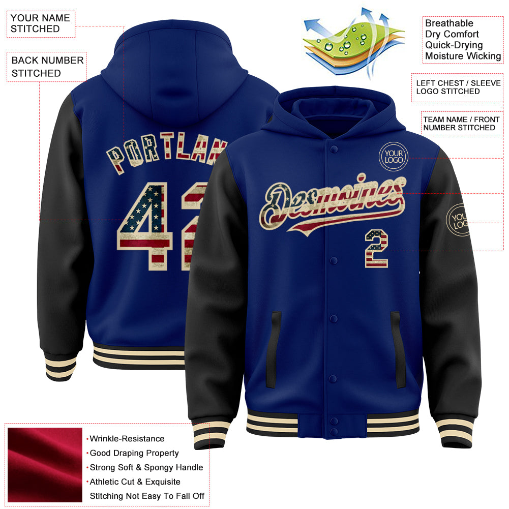 Custom Royal Vintage USA Flag Black-Cream Bomber Full-Snap Varsity Letterman Two Tone Hoodie Jacket