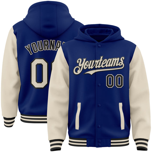 Custom Royal Cream-Black Bomber Full-Snap Varsity Letterman Two Tone Hoodie Jacket