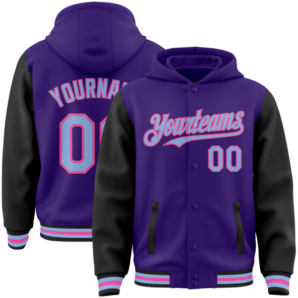 Custom Purple Light Blue Black-Pink Bomber Full-Snap Varsity Letterman Two Tone Hoodie Jacket