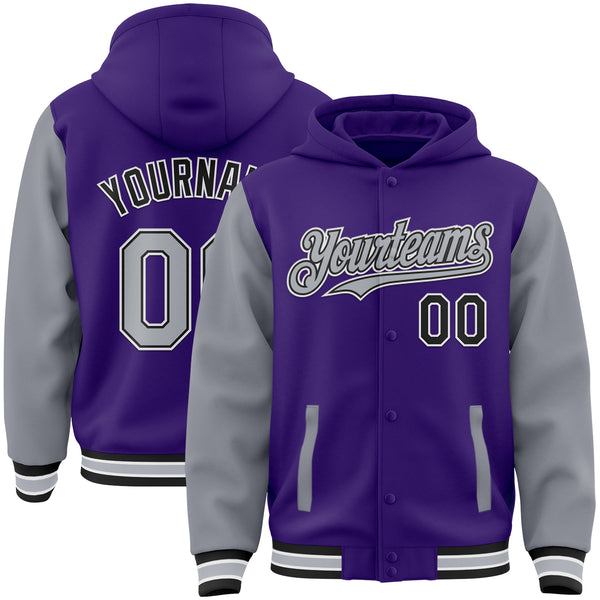 Custom Purple Gray-Black Bomber Full-Snap Varsity Letterman Two Tone Hoodie Jacket