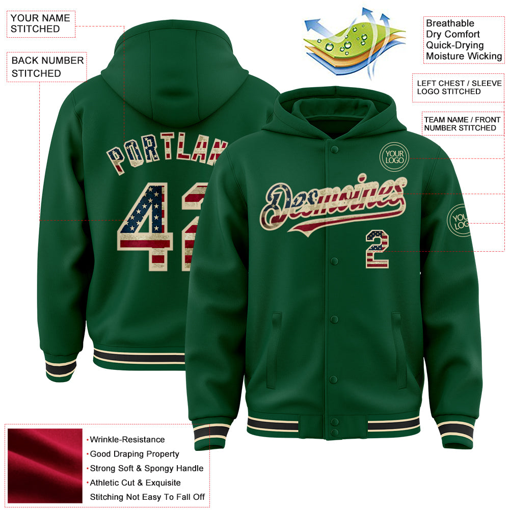 Custom Kelly Green Vintage USA Flag Cream-Black Bomber Full-Snap Varsity Letterman Hoodie Jacket