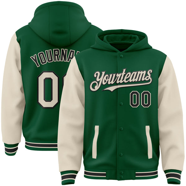 Custom Kelly Green Cream-Black Bomber Full-Snap Varsity Letterman Two Tone Hoodie Jacket