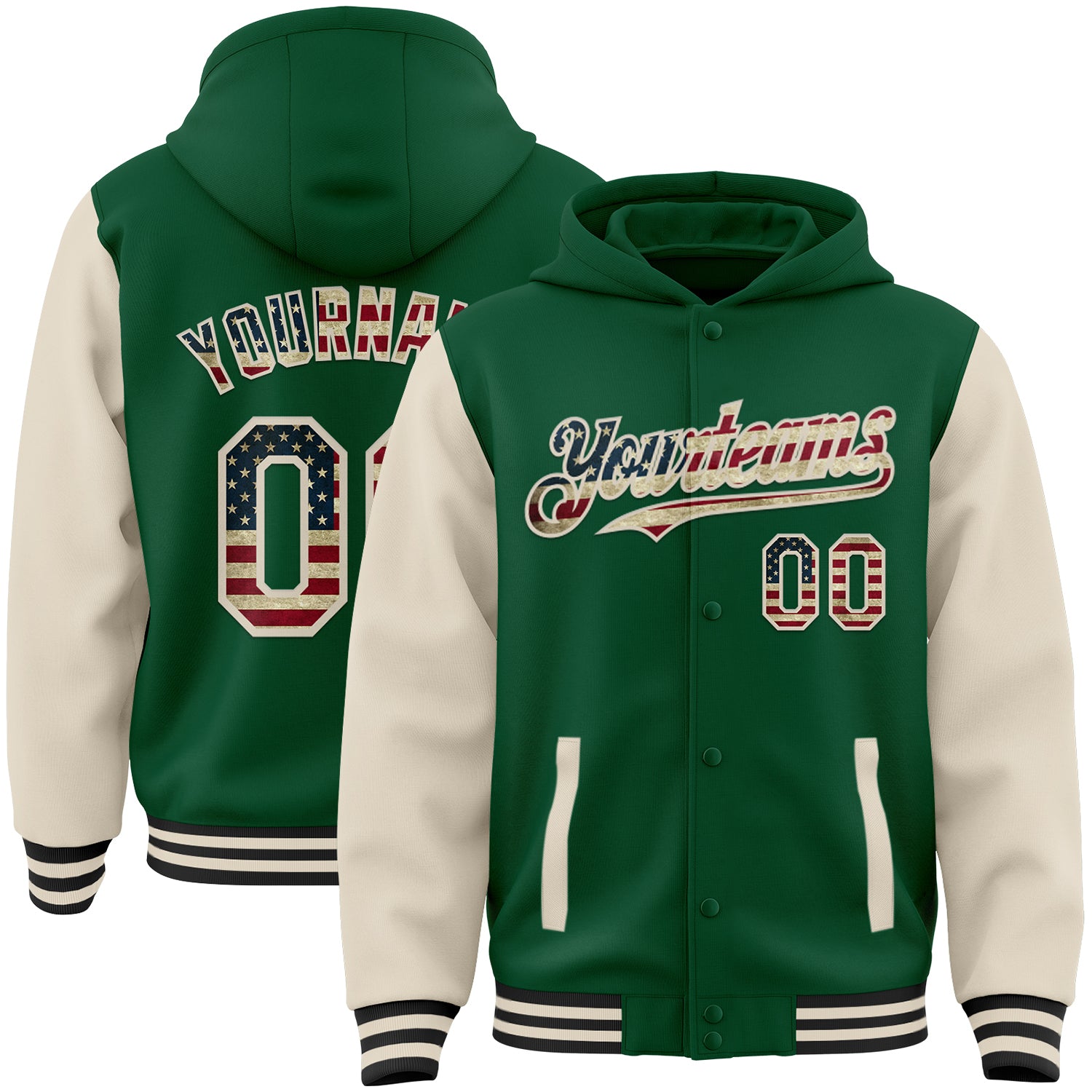 Custom Kelly Green Vintage USA Flag Cream-Black Bomber Full-Snap Varsity Letterman Two Tone Hoodie Jacket