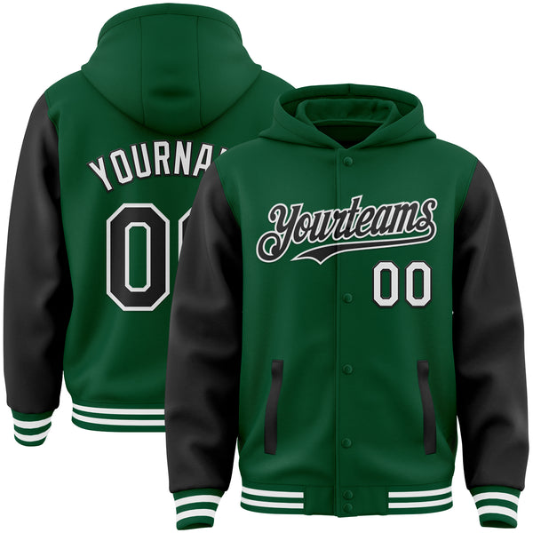 Custom Kelly Green Black-White Bomber Full-Snap Varsity Letterman Two Tone Hoodie Jacket