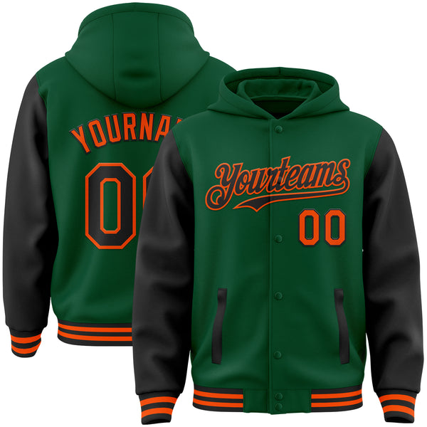 Custom Kelly Green Black-Orange Bomber Full-Snap Varsity Letterman Two Tone Hoodie Jacket