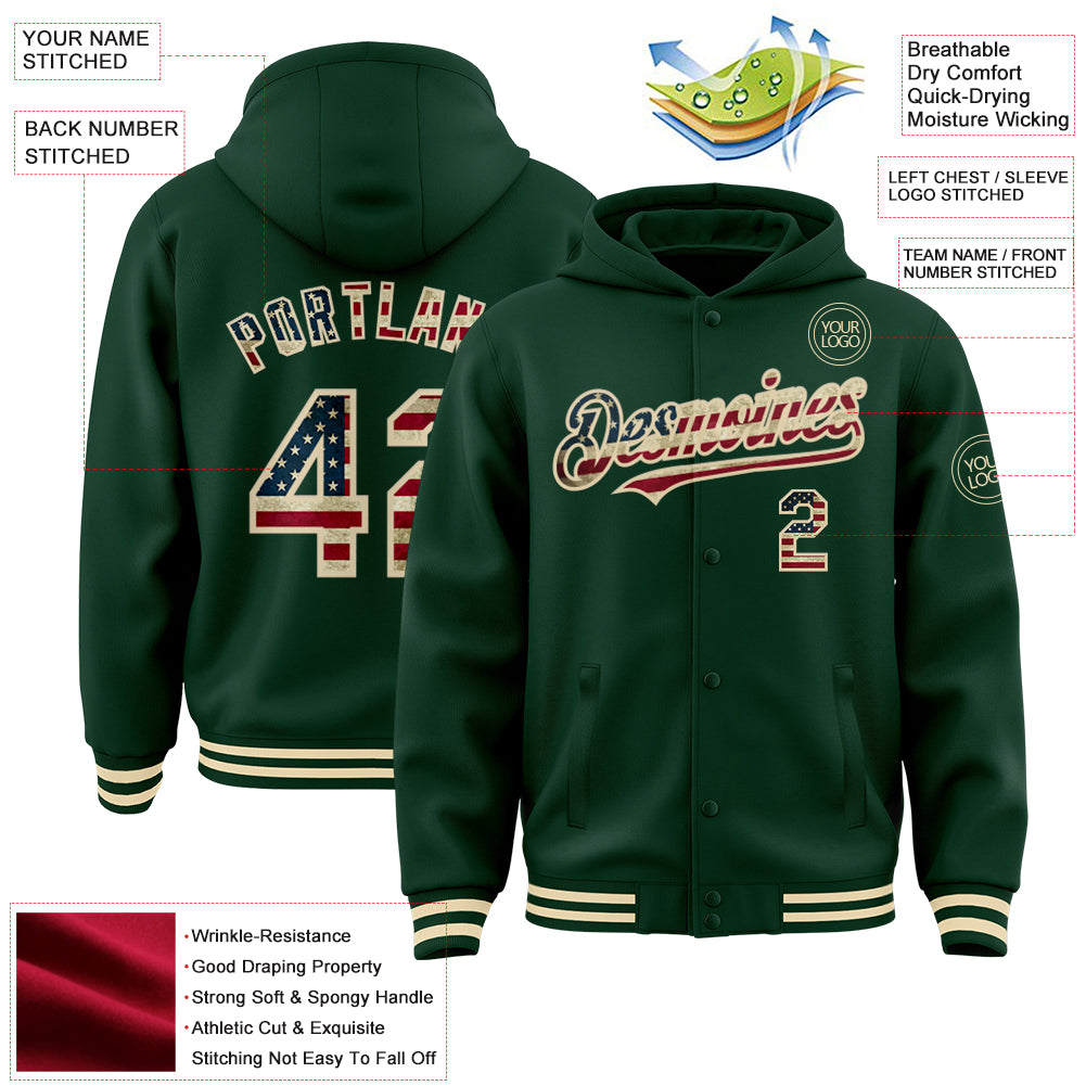 Custom Green Vintage USA Flag-Cream Bomber Full-Snap Varsity Letterman Hoodie Jacket