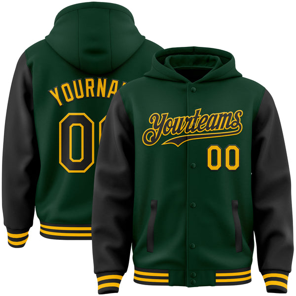 Custom Green Black-Gold Bomber Full-Snap Varsity Letterman Two Tone Hoodie Jacket