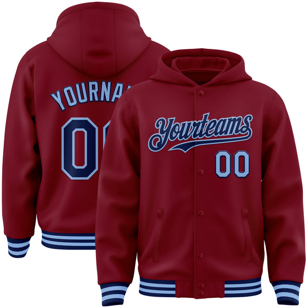 Custom Crimson Navy-Light Blue Bomber Full-Snap Varsity Letterman Hoodie Jacket