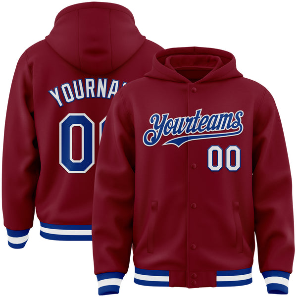 Custom Crimson Royal-White Bomber Full-Snap Varsity Letterman Hoodie Jacket