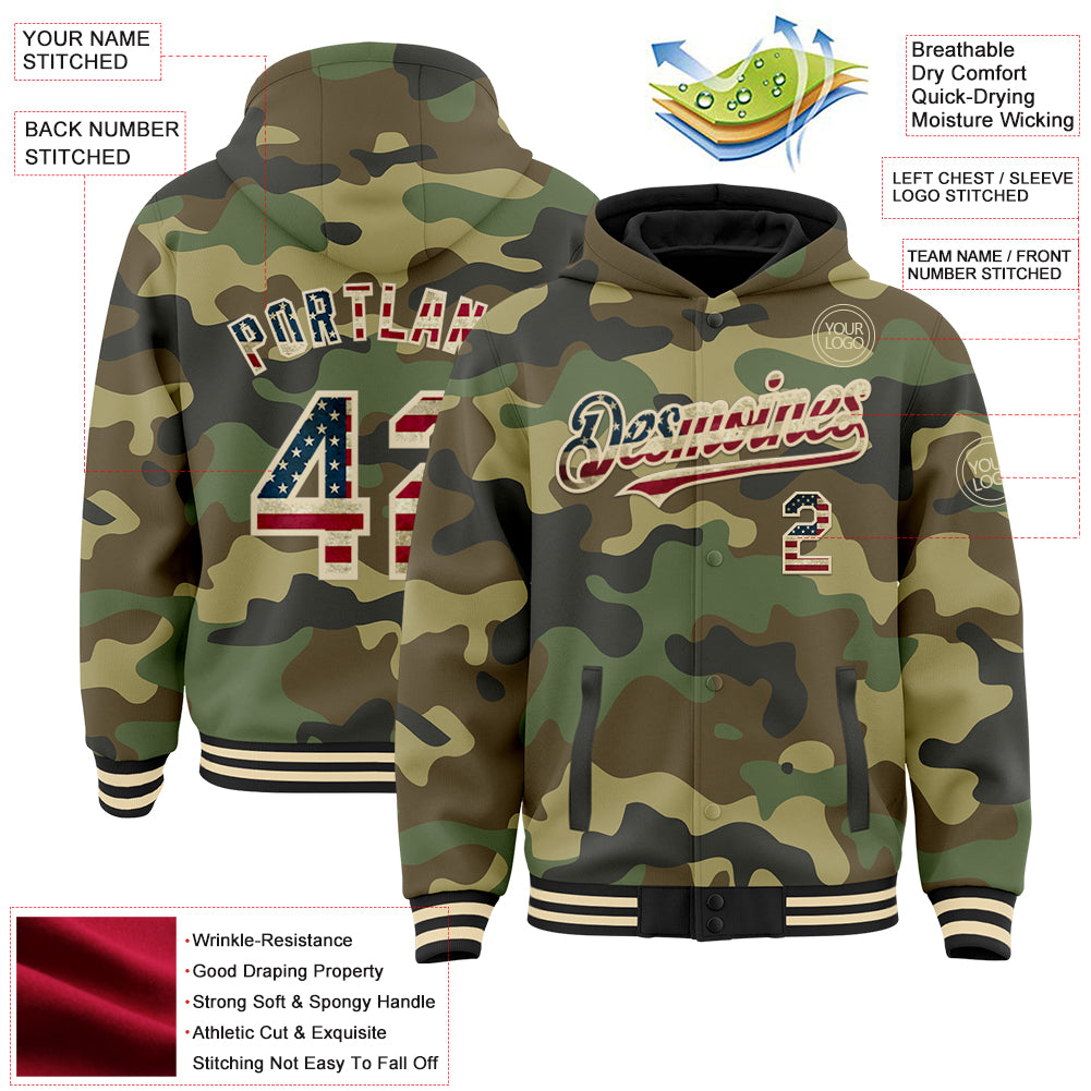 Custom Camo Vintage USA Flag Cream-Black 3D Bomber Full-Snap Varsity Letterman Salute To Service Hoodie Jacket