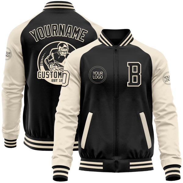 Custom Black Cream Bomber Varsity Letterman Two Tone Zipper Jacket