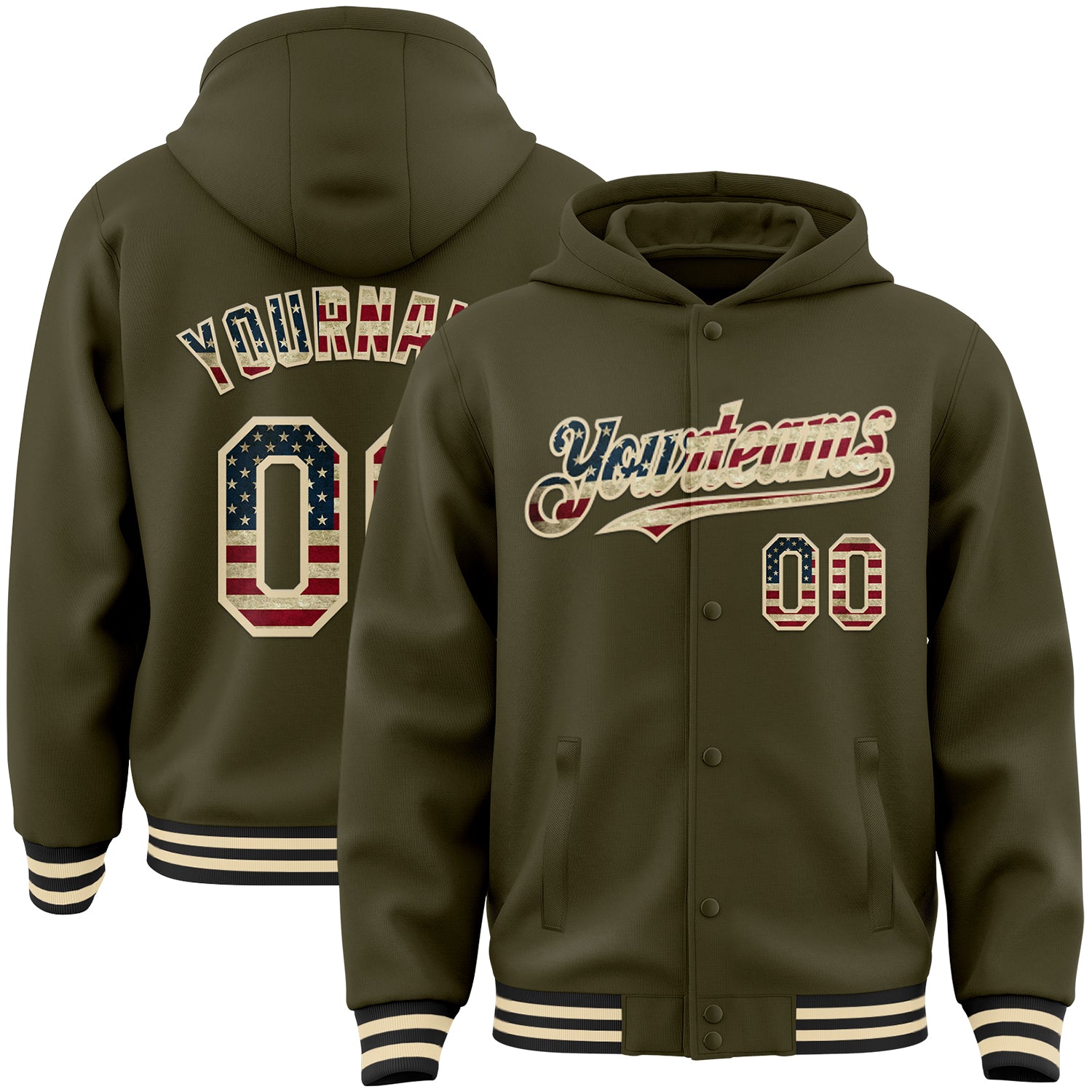 Custom Olive Vintage USA Flag Cream-Black Bomber Full-Snap Varsity Letterman Salute To Service Hoodie Jacket