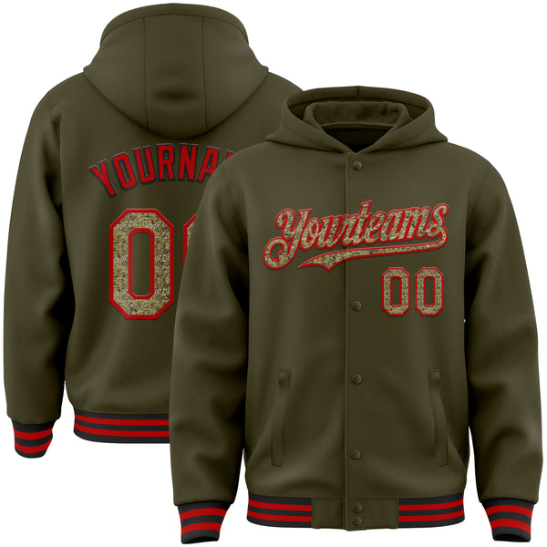 Custom Olive Camo Red-Black Bomber Full-Snap Varsity Letterman Salute To Service Hoodie Jacket