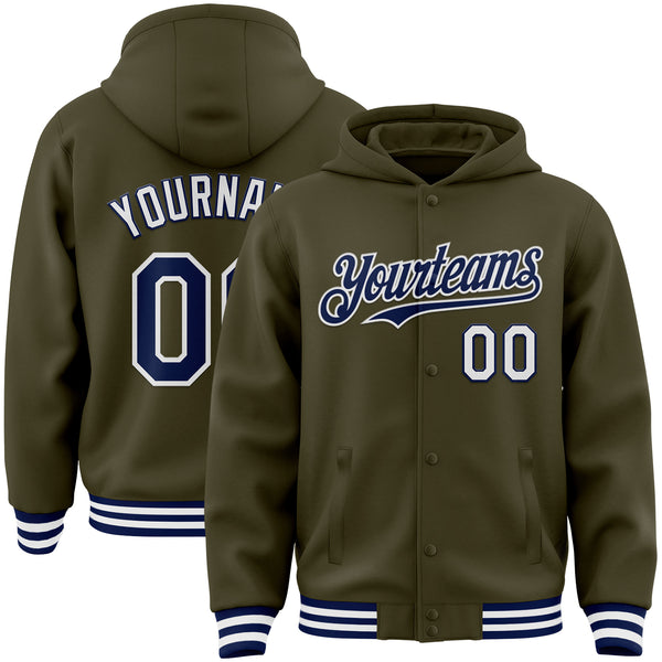 Custom Olive Navy-White Bomber Full-Snap Varsity Letterman Salute To Service Hoodie Jacket