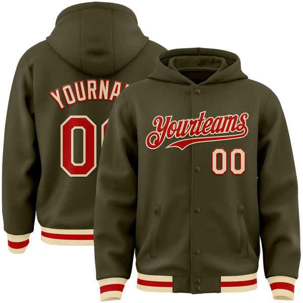 Custom Olive Red-Cream Bomber Full-Snap Varsity Letterman Salute To Service Hoodie Jacket