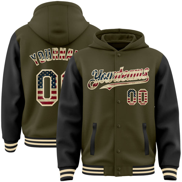 Custom Olive Vintage USA Flag Cream-Black Bomber Full-Snap Varsity Letterman Two Tone Salute To Service Hoodie Jacket