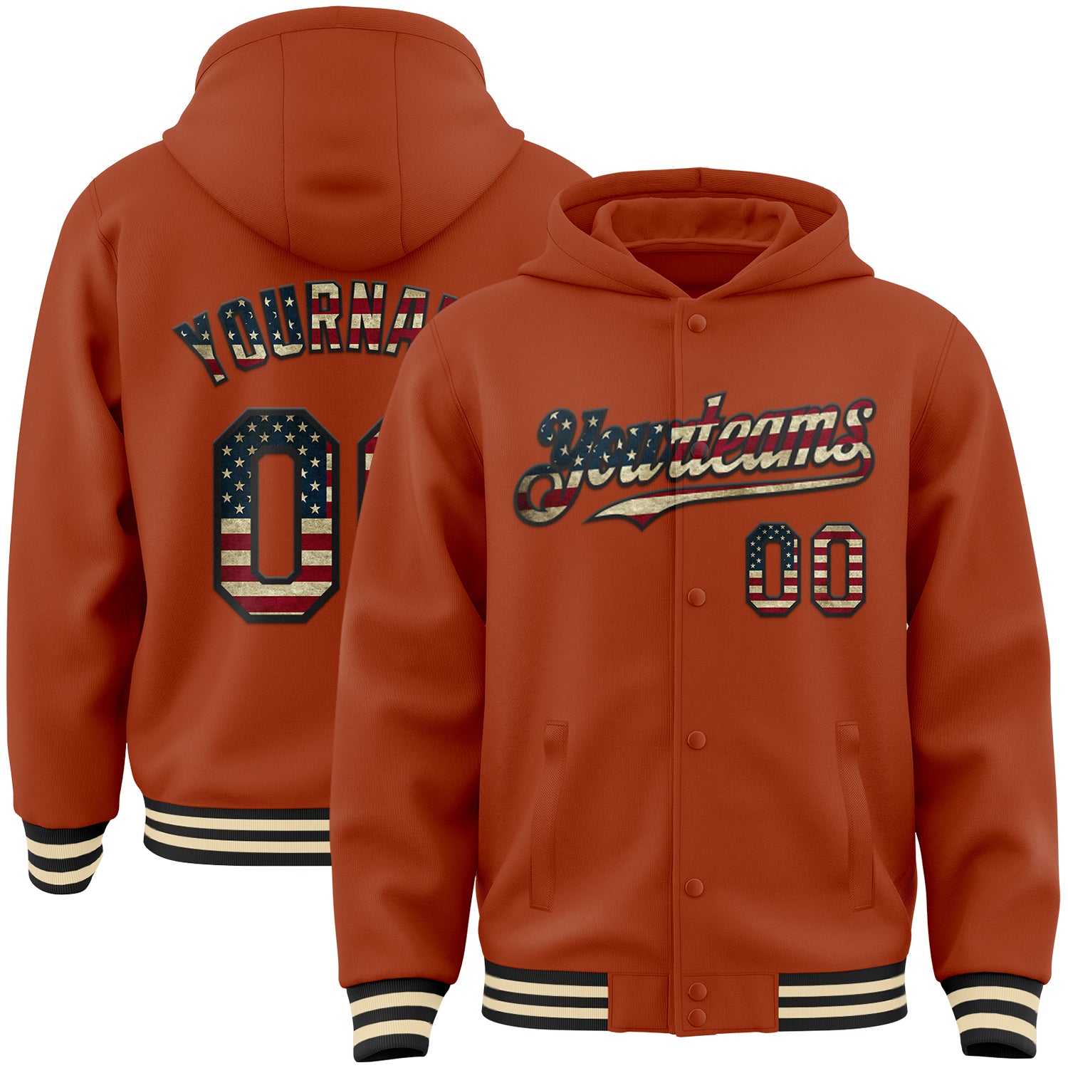 Custom Texas Orange Vintage USA Flag Black-Cream Bomber Full-Snap Varsity Letterman Hoodie Jacket