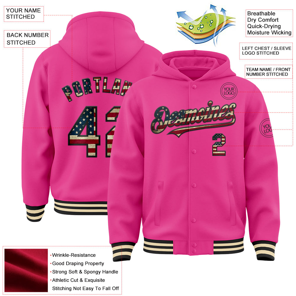 Custom Pink Vintage USA Flag Black-Cream Bomber Full-Snap Varsity Letterman Hoodie Jacket