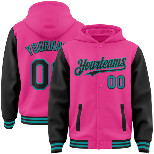 Custom Pink Black-Teal Bomber Full-Snap Varsity Letterman Two Tone Hoodie Jacket