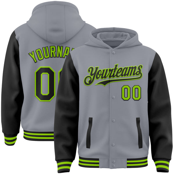 Custom Gray Black-Neon Green Bomber Full-Snap Varsity Letterman Two Tone Hoodie Jacket