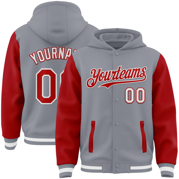 Custom Gray Red-White Bomber Full-Snap Varsity Letterman Two Tone Hoodie Jacket