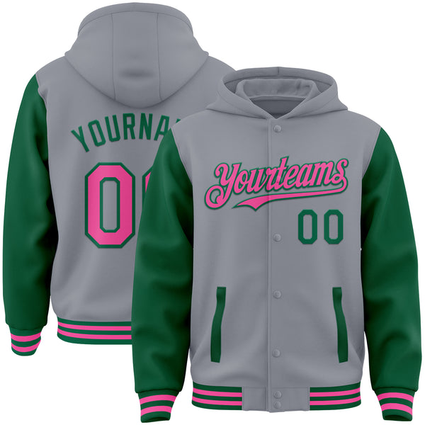 Custom Gray Pink-Kelly Green Bomber Full-Snap Varsity Letterman Two Tone Hoodie Jacket