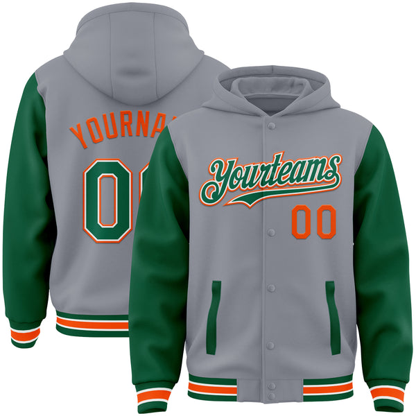 Custom Gray Kelly Green-Orange Bomber Full-Snap Varsity Letterman Two Tone Hoodie Jacket