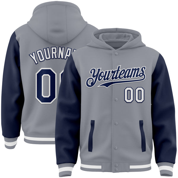 Custom Gray Navy-White Bomber Full-Snap Varsity Letterman Two Tone Hoodie Jacket