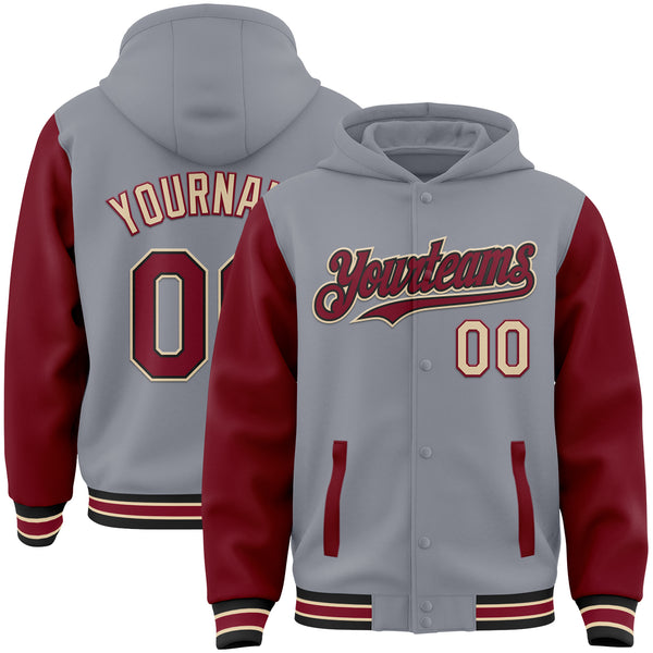 Custom Gray Crimson Black-City Cream Bomber Full-Snap Varsity Letterman Two Tone Hoodie Jacket