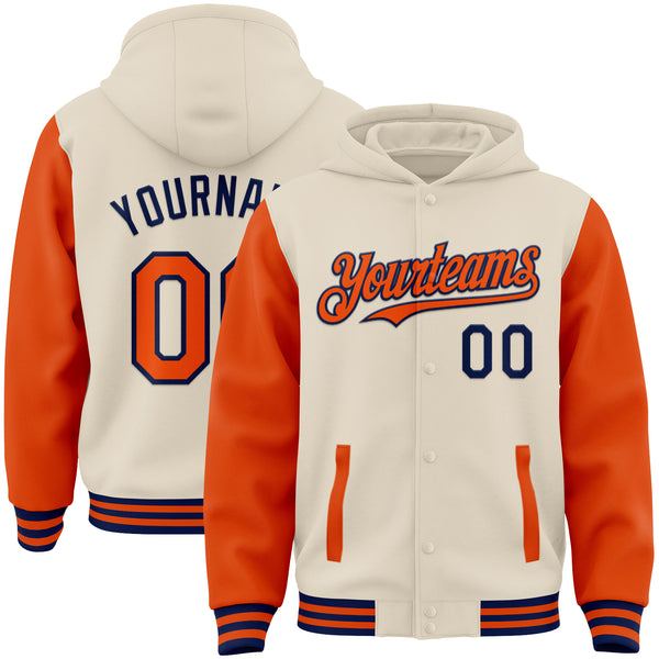 Custom Cream Orange-Navy Bomber Full-Snap Varsity Letterman Two Tone Hoodie Jacket