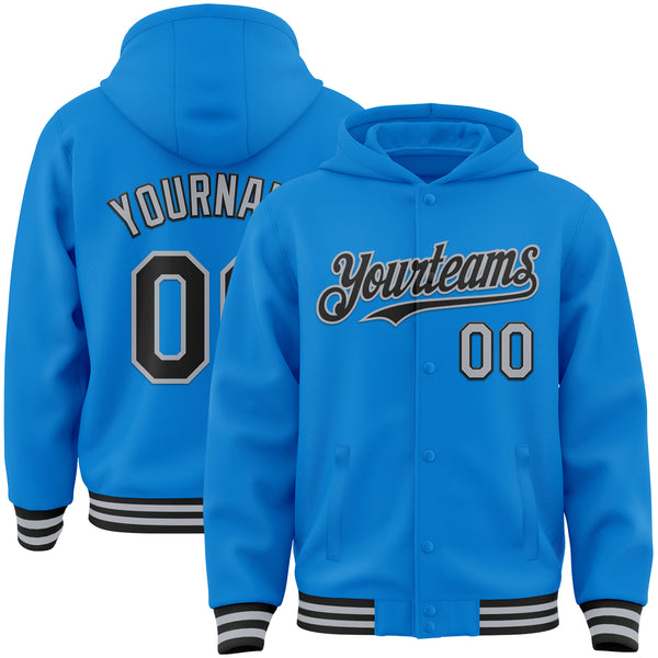 Custom Powder Blue Black-Gray Bomber Full-Snap Varsity Letterman Hoodie Jacket