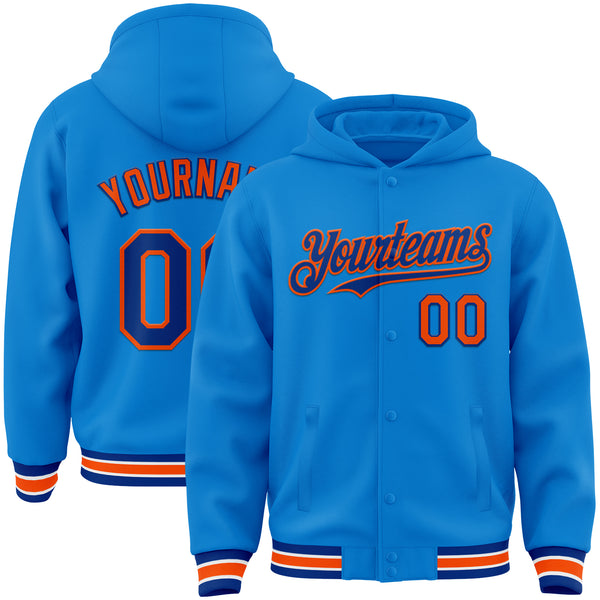 Custom Powder Blue Royal-Orange Bomber Full-Snap Varsity Letterman Hoodie Jacket