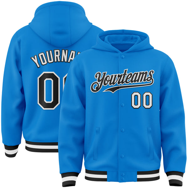 Custom Powder Blue Black-White Bomber Full-Snap Varsity Letterman Hoodie Jacket