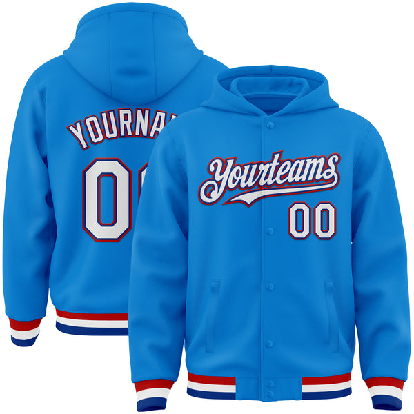 Custom Powder Blue Royal-Red Bomber Full-Snap Varsity Letterman Hoodie Jacket