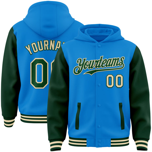 Custom Powder Blue Green-Cream Bomber Full-Snap Varsity Letterman Two Tone Hoodie Jacket